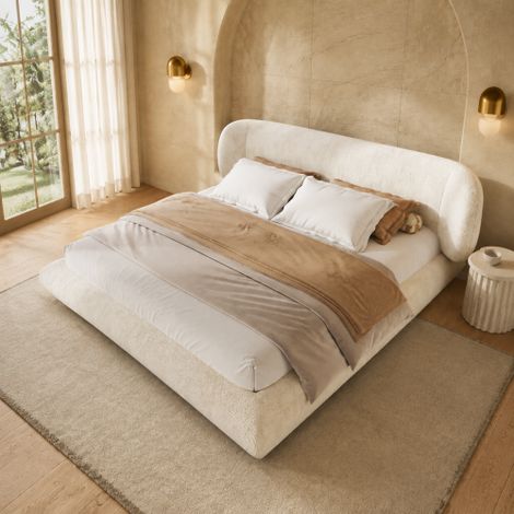 Lit 140 x 200 cm, lit rembourré, lit double, lit enfant avec sommier à lattes et tête de lit, coins arrondis, mousse haute élasticité, chenille douce pour la peau, cadre en bois, beige (sans matelas) (1/5)