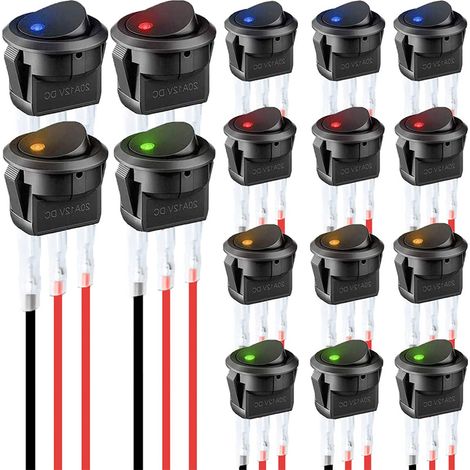 16-teiliger Schalter, LED-Wippschalter in zufälliger Farbe, Kfz-Lichtschalter, DC-Wippschalter, runder, beleuchteter Schalter für Autos, Ein-/Ausschalter
