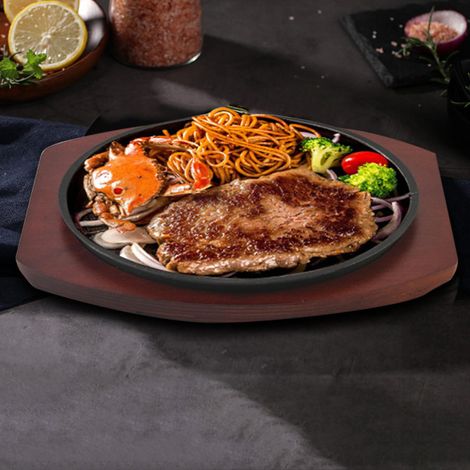 (19cm) Poêle à griller en fonte avec fond en bois, adaptée pour griller les viandes et les fruits de mer à la maison ou au restaurant. (1/5)