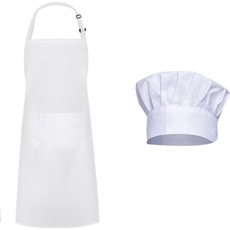 Lot Tablier de Cuisine Blanc et Toque de Cuisinier Réglable, Tablier Chef avec 2 Poches pour Homme Femme, Kit Étanche pour Restaurant Pâtisserie Barbecue Jardinage, Taille Universelle (1/5)