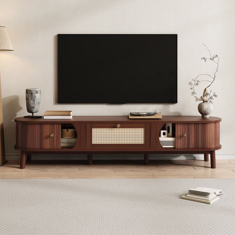 Mobile TV 170x39,5x38 cm, porta TV da soggiorno e mobile multimediale in stile boho, in legno e rattan con ante scorrevoli, legno naturale (1/5)