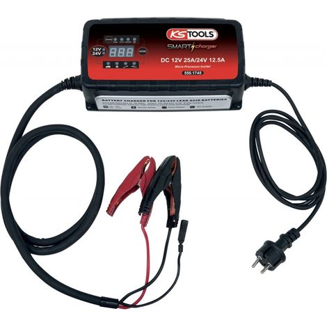 Kstools – Chargeur de batterie haute fréquence 12V/24V 25A/12,5A – Régénération automatique – Protection contre surchauffe – Affichage LED (1/5)