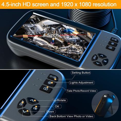 Endoscopio industriale, telecamera endoscopica per ispezione IPS da 4,5" con luci a LED, telecamera a serpente impermeabile IP67 da 7,9 mm, cavo semirigido da 5 m (1/4)