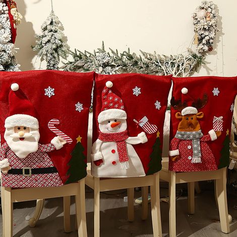 Set di 3 coprisedie natalizie rosse con cappello di Babbo Natale, pupazzo di neve, renna, cucina (1/5)