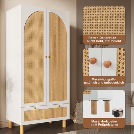 Meuble de rangement 2 battants en rotin blanc, aspect rustique, grand tiroir, tablettes ajustables, penderie avec barre, sécurité anti-chute, 180x85x52 cm, armoire campagne. (1/5)