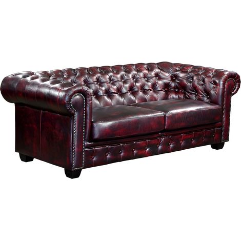 Vente-Unique – Canapé chesterfield 3 places 100% cuir de buffle pleine fleur – Bordeaux – Accoudoirs cloutés – Design capitonné