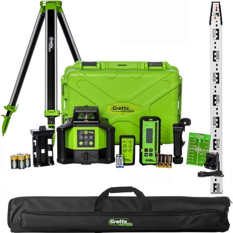 Grettz G80 Dual Grade Green Beam Rotary Laser Level Kit inc Staff Tripod Case (1/5)