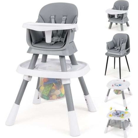 Chaise haute bébé grise 16-en-1 avec plateau amovible, harnais 5 points et hauteur réglable pour repas, jeux et activités (1/5)