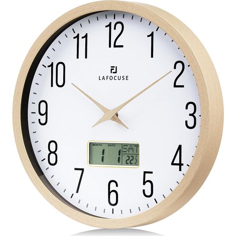 30 cm Wall Clock Calendar LCD with Date Thermometer, Vintage Silent Beige Wall Clock, Non-Ticking Decorative for Kitchen, Living Room, Bedroom, Office