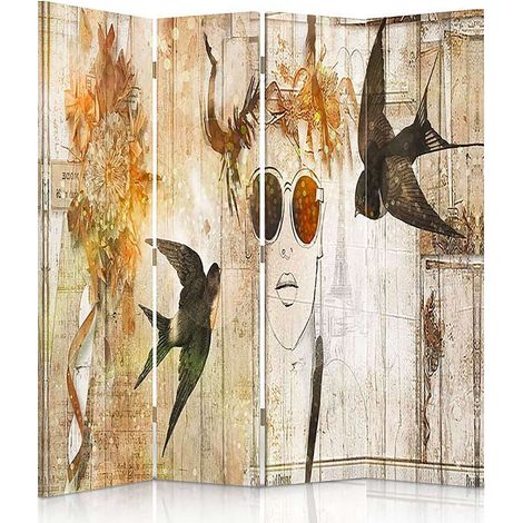 Paravent Design Moderne Fille et Oiseaux - Déco Unique - 145 x 180 cm - 2 faces R° V° (1/5)