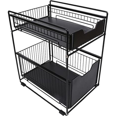 Étagère de Rangement Sous Évier avec 2 Niveaux Paniers Coulissants et Patin Antidérapant pour Cuisine Salle de Bain, Noir, 37x21,5x43cm (1/5)