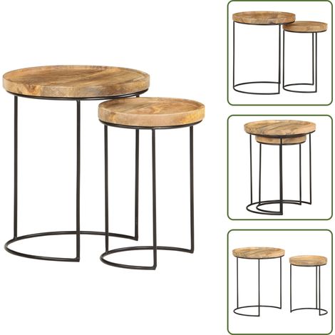 2-tlg. Couchtisch-Set Massivholz Mango und Stahl - Holz Couchtisch - Mangoholz Couchtisch - Couchtisch Set - Wohnzimmer Dekoration - Vintage Couchtisch (1/5)