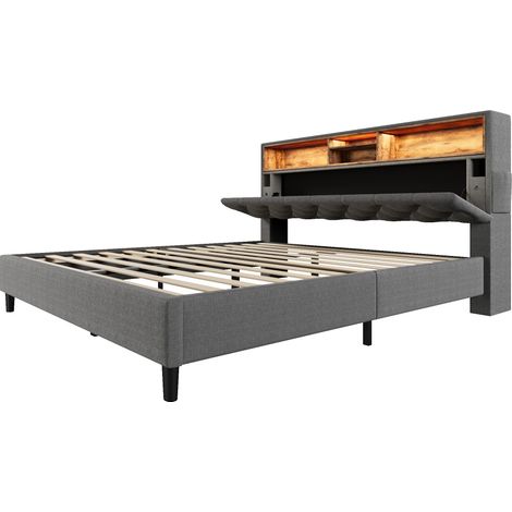 Cama doble tapizada 140x200 cm gris con cabecero de almacenaje LED - MODENUIT (1/5)