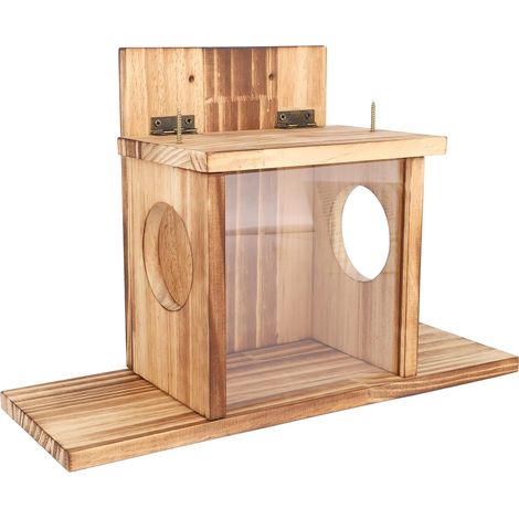 1 Mangeoire écureuil, Bois massif, 2 fenêtres alimentation, Panneau transparent, Jardin extérieur