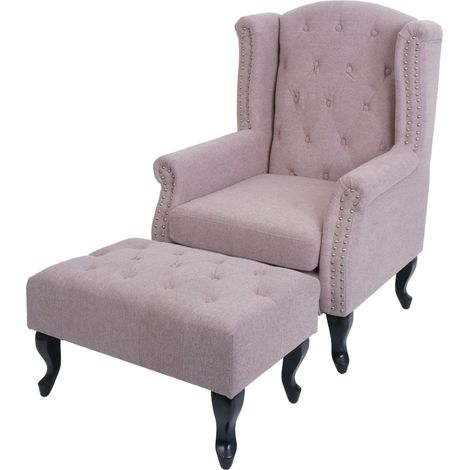 [NEUWERTIG] Sessel Chesterfield Oxford, Relaxsessel Clubsessel Ohrensessel, wasserabweisend Stoff/Textil hellrosa mit Ottomane