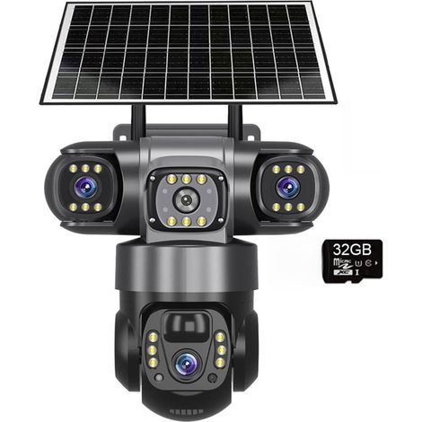 Caméra extérieure à énergie Solaire 4G 2MP 6K Triple Vue PIR Détection de Mouvement Moniteur de vidéosurveillance CCTV Batterie intégrée(4G Camera 32GB Card) (1/5)
