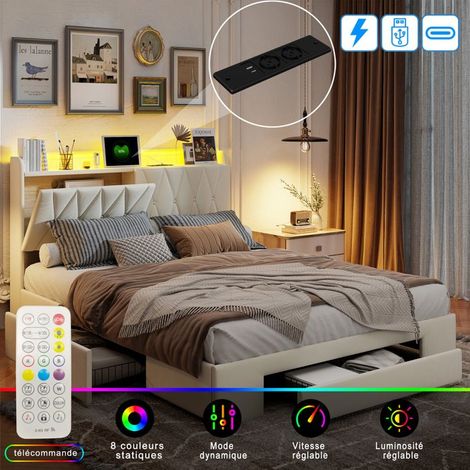 Lit double 140x190 cm - TANANT - Avec LED et 3 tiroirs - Tête de lit avec rangement - Velours beige (1/5)