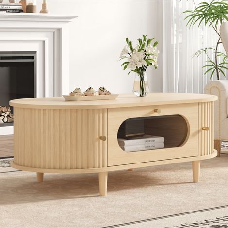 Mesa de centro de MDF color roble 100 x 50 x 36 cm con cajón y puertas de persiana (1/5)