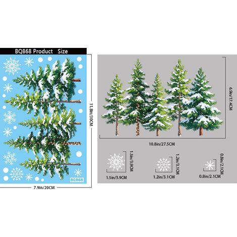 Autocollants statiques pour fenêtre représentant un sapin de Noël vert, un pin enneigé, des flocons de neige blancs, des flocons de neige, des autocollants pour vitres, des décorations de fenêtre sur