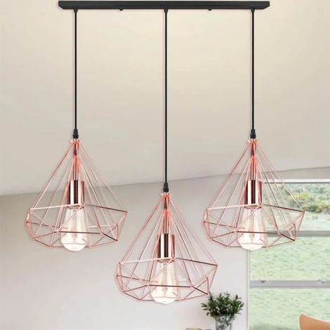 U-Do 3 Têtes Lustre Longue pôle Suspension Luminaire Réglable Lampe Cage en Métal Or Rose pour Chambre Bureau (1/4)