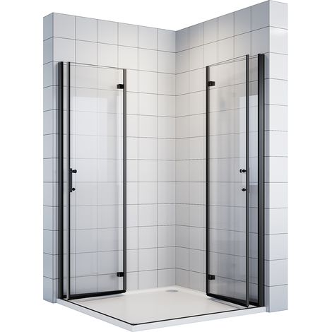 120x120x195cm Schwarz Duschkabine mit 180°-Doppelfalttüren Duschabtrennung Scharniertür 6mm NANO-ESG Klarglas Eckeinstieg (1/5)