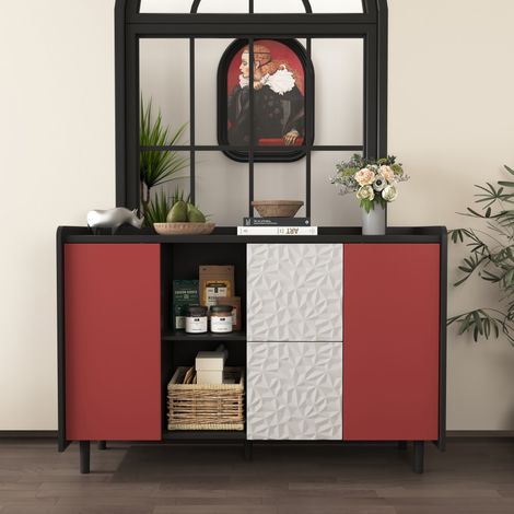 Buffet Sideboard 120 x 40 x 80 cm - 2 Tiroirs au Design Unique & 2 Niches Ouvertes - Style Scandinave Audacieux - Noir et Rouge (1/5)