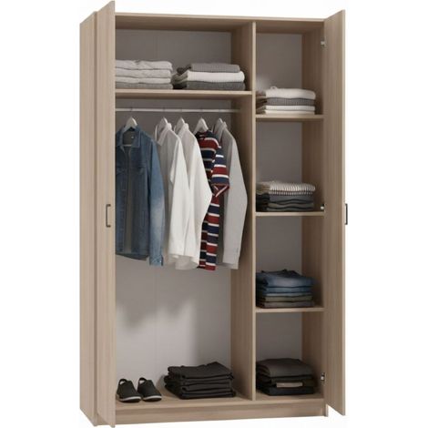 Kleiderschrank 3-türig Licodia, Schlafzimmer-Garderobe, 4 Einlegeböden, 3 Türen, 120x52 cm, Braun