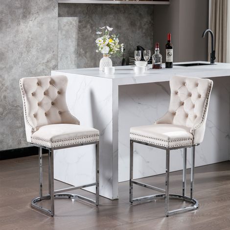 Tabouret de bar, lot de 2, finition capitonnée, 54 x 46 x 97 cm, tissu rembourré et velours, beige (1/5)