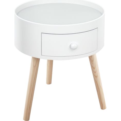 Table basse scandinave ronde en bois massif chêne clair avec tiroir et pieds inclinés pour salon ou chambre à coucher (1/5)