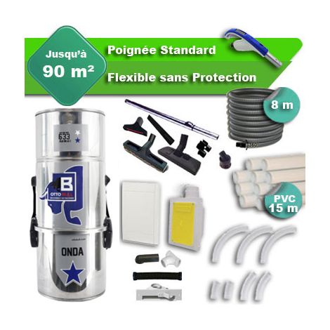 Aspiration centralisée sans sac OTTO BULL ONDA 300 INOX garantie 2 ans + flexible rétractable 8 m standard + 7 accessoires + kit 1 prise RETRAFLEX + kit prise balai (rayon d'action 90 m2) (1/5)