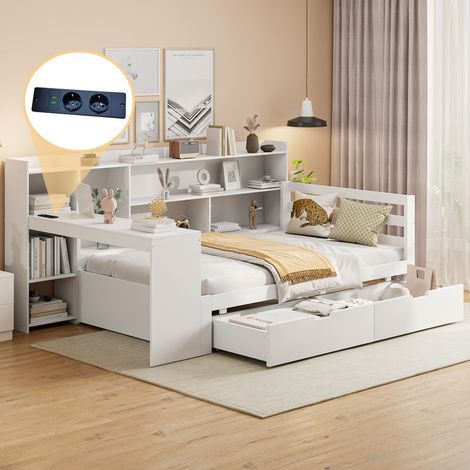 Divano letto in legno 90x200 cm con scrivania, libreria, cassetti, presa di corrente, senza materasso, bianco (1/5)