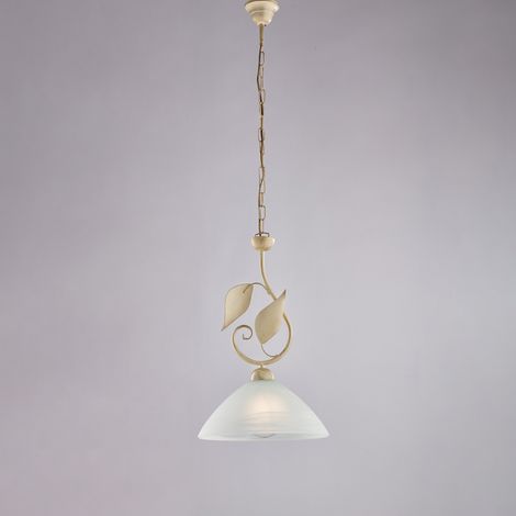 Lampadario in ferro laccato avorio con decorazione oro antico e diffusore in vetro diametro 30 alabastro bianco 1 luce H.50 - MAX 110 - Ø30