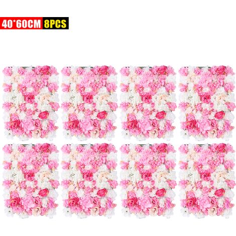 Lot de 8 panneaux muraux de fleurs artificielles, mur de fleurs à roses, fond décoratif pour photo, mariage, baptême, fête et événement - 40×60 cm, rose et blanc (1/5)