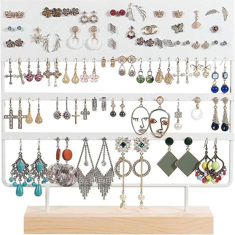 Jewelry Organizer, 144 Holes (White) with Wooden Base, Hanging Earring Holder (1/5)