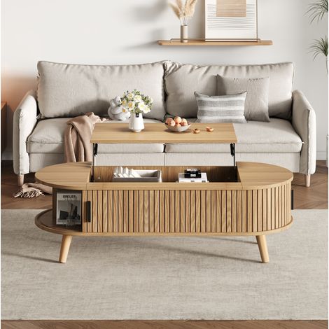 Table basse relevable 120 x 50 x 39,5 cm avec rangement caché, MDF, couleur bois naturel (1/5)