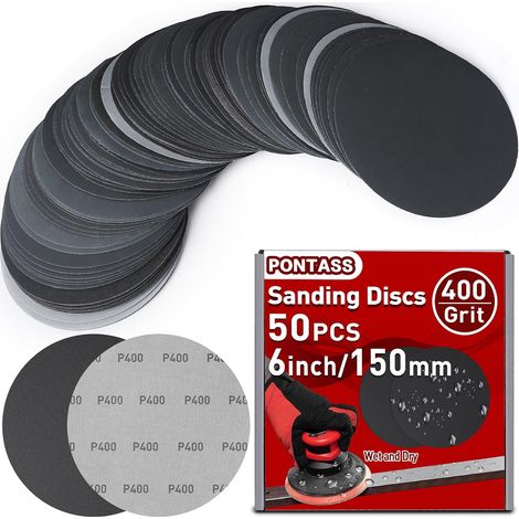 Papier a Poncer Carrosserie 150mm, Grain 400 Disque Abrasif, 50 Pièces Disque Ponceuse Sec À L'eau, Abrasif Auto Rond, Papier de Verre pour Ponceuse, Disque Abrasif Polissage pour Métal Bois (1/5)