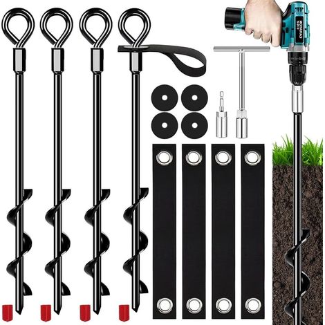 Ensemble de 4 Kit Ancrage Trampoline,Piquets de Tente à Visser,Ancrage au Sol,Ancrage au Sol Portique Piquets de Tente pour Tente de,CampingTrampoline,Auvents, pour Vents Violents (1/5)
