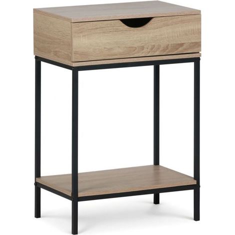 Table de chevet - JUANIO - Modèle compact - effet bois naturel - structure métallique noire - 45x30x68 cm (1/3)
