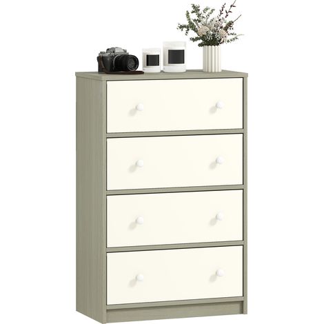 Cassettiere pliante 4 tiroirs avec doubles poignées, cadre en bois, acier et tissu, 58x30x91 cm, blanc et gris