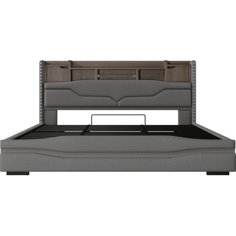 Lit coffre 180x200 cm gris avec LED, prises USB/Type-C, tête de lit avec rangement, sommier hydraulique et ambiance lumineuse, sans matelas CHICFURN (1/5)