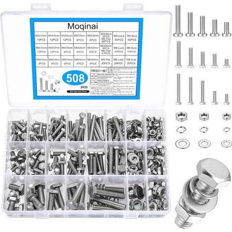 Set de Vis Hexagonales Inox M5 M6 M8, Vis et Écrous Métriques, Assortiment de Boulons à Tête Hexagonale, Set de Visserie en Acier Inox avec Rondelles et Ressorts (1/5)