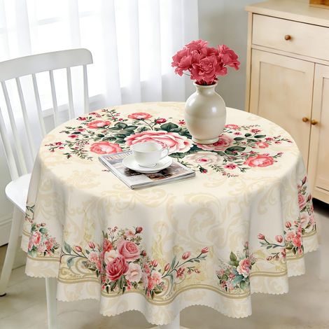 Nappe ronde 140 cm résistante aux intempéries, lavable – Motif roses – Nappe d'extérieur pour jardin, cuisine, salle à manger, balcon, pour 4 à 6 personnes, imperméable et durable (1/5)