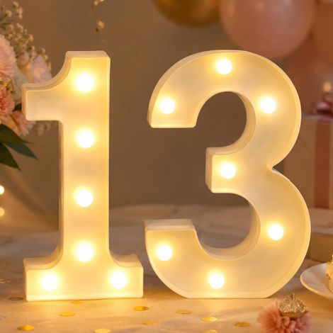 Lampe LED en forme de chiffre 13 - Chiffres lumineux - Blanc chaud - Fonctionne avec piles - Chiffres lumineux pour 13e anniversaire - Pour fille et garçon - Décoration de mariage (1/5)