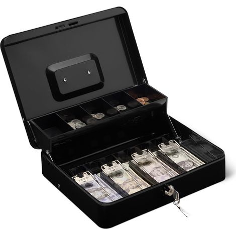 Caisse à monnaie avec serrure et plateau à billets, 9 x 30 x 24 cm noir (1/5)