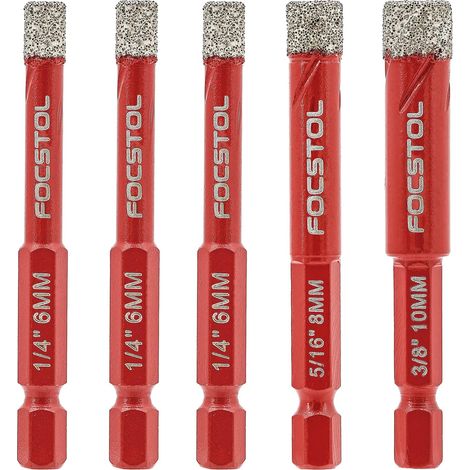 Foret Diamant Sec 5 pièces 6/6/6/8/10mm Trépan Diamant avec Changement Rapide Tige Hexagonale pour Céramique Carrelage Porcelaine Marbre Granit (1/5)