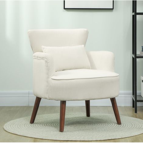 Fauteuil rembourré à dossier et accoudoirs arrondis, aspect velours côtelé, blanc crème HAVRYA (1/5)
