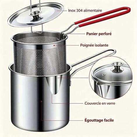 Faitout de cuisine en inox 304 1,2 L avec panier friteuse et couvercle, casserole polyvalente pour friture, cuisson et ébullition, sans BPA - Inox (1/5)
