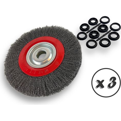 Lot de 3 brosses circulaires ACIER Ø 250 mm Epaisseur 2 rangs Fil dur 0.30 mm ondulé Alésage 32 mm + réducteur bague 25/22/20/16/12 mm Touret affûteuse ponceuse Kibros 231252ATx3