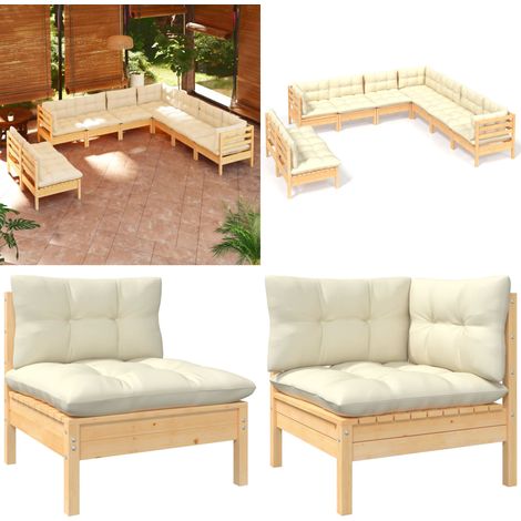9-tlg. Garten-Lounge-Set mit Creme Kissen Massivholz Kiefer - Gartensessel - Lounge Set - Gartenmöbeln - Rattan Möbel - Outdoor Furniture - Home & Living (1/5)