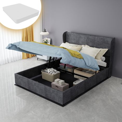 Lit moderne rembourré gris 140x200 cm avec tête de lit douce et coffre relevable à vérin à gaz, matelas inclus (1/5)